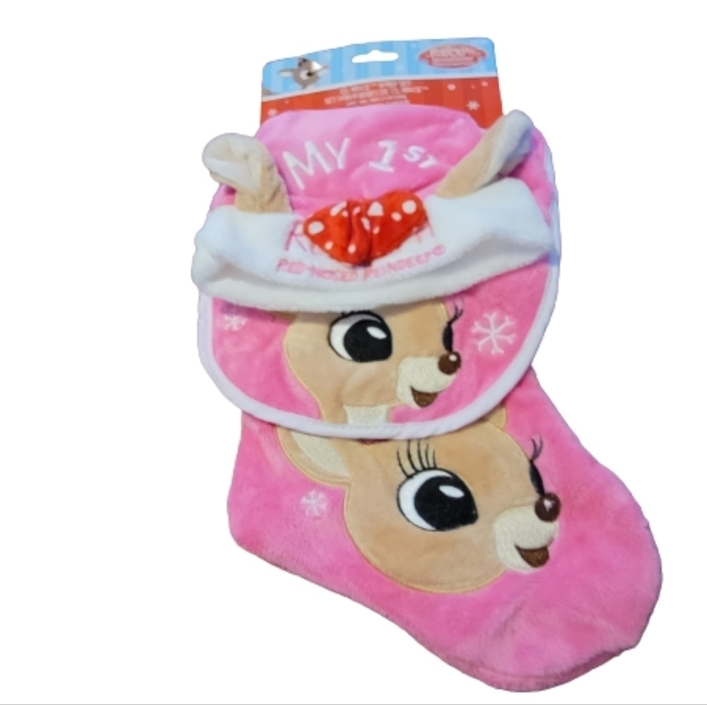 RUDOLPH  Baby's 1st Christmas baby set new hat bib stocking pink